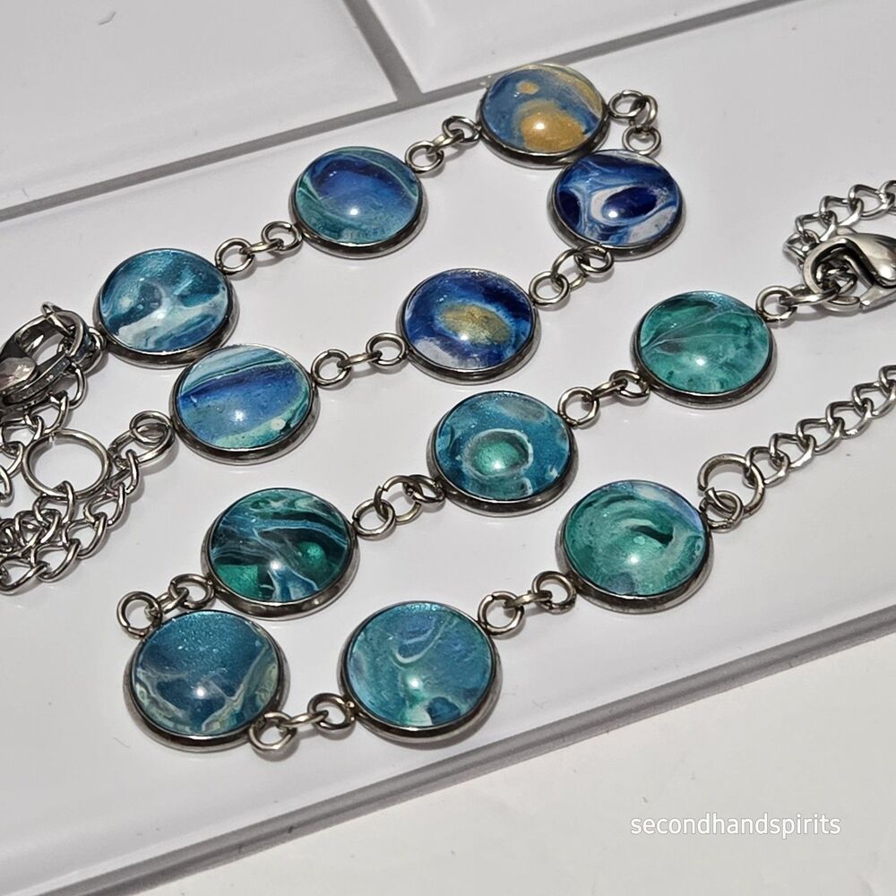 Blue Green Swirled Abstract Marbled Artisan Silver Tone Cabochon Bracelet/Anklet